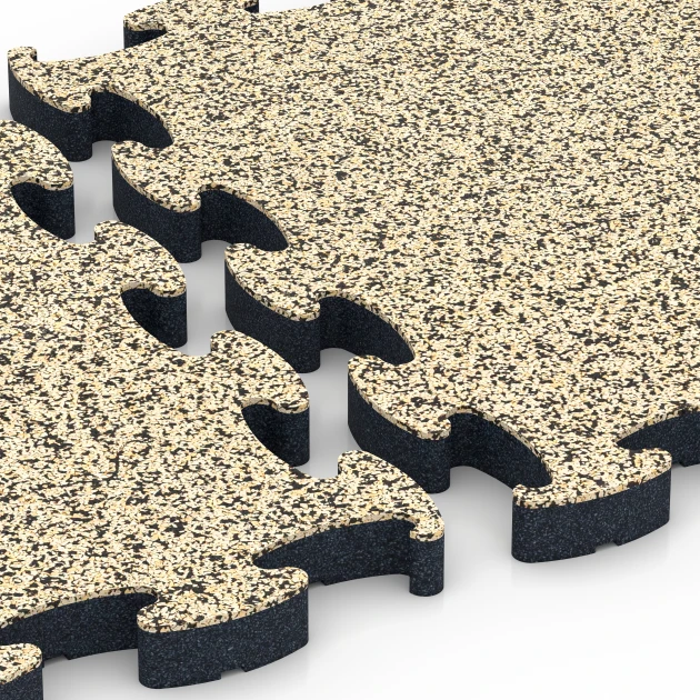Le gros plan sur le système de connexion des revêtements de sol WARCO 6883 - Dalle Fitness Max en couleur Travertin. Les dimensions 44,6 x 44,6 × 2,8 cm.