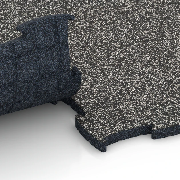 Großaufnahme vom Verbindungssystem von WARCO-Boden 6850 - Fitness Active Floor System im Farbdesign Dunkelgrauer Granit. Abmessungen 97,1 x 97,1 x 2,8 cm.