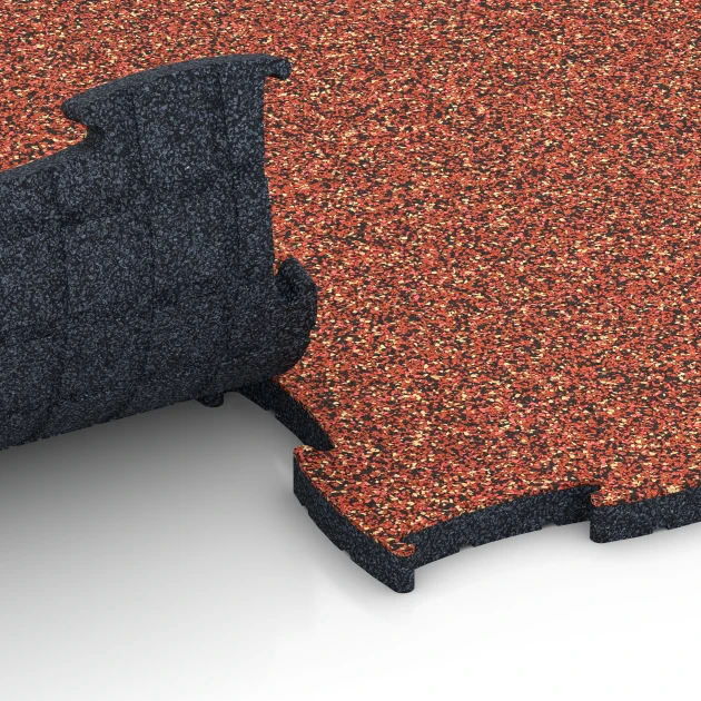 Le gros plan sur le système de connexion des revêtements de sol WARCO 6854 - Fitness Active dalle en couleur Etna. Les dimensions 97,1 x 97,1 x 2,8 cm.