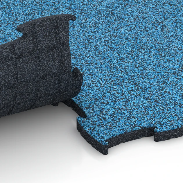 Le gros plan sur le système de connexion des revêtements de sol WARCO 6857 - Fitness Active dalle en couleur Atlantique. Les dimensions 97,1 x 97,1 x 2,8 cm.