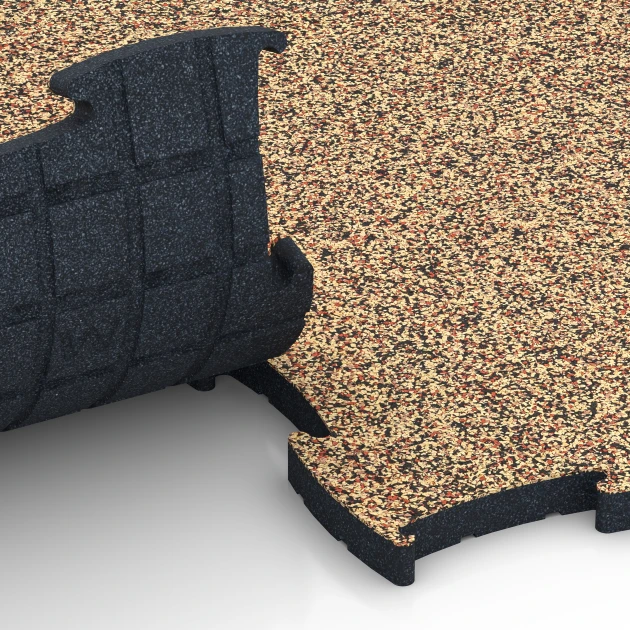 Großaufnahme vom Verbindungssystem von WARCO-Boden 6889 - Fitness Max Floor System im Farbdesign Terra Cotta. Abmessungen 97,1 x 97,1 x 2,8 cm.