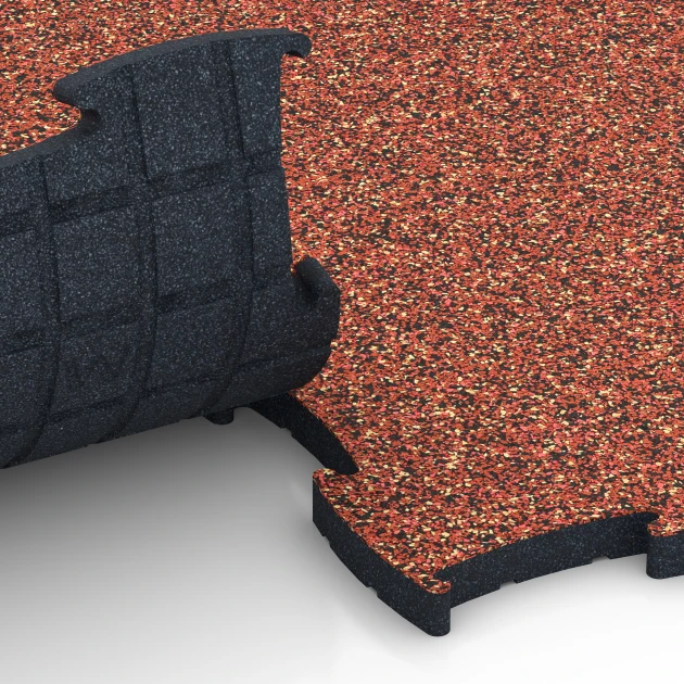 Le gros plan sur le système de connexion des revêtements de sol WARCO 6890 - Dalle Fitness Max en couleur Etna. Les dimensions 97,1 x 97,1 x 2,8 cm.
