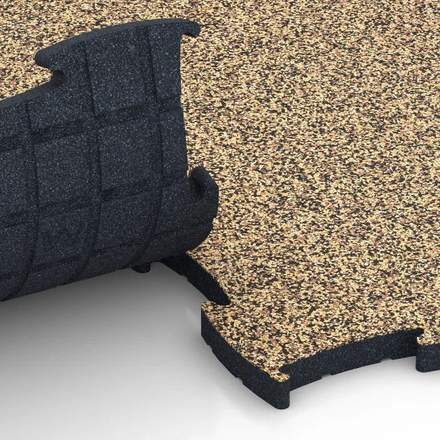 Le gros plan sur le système de connexion des revêtements de sol WARCO 6894 - Dalle Fitness Max en couleur Rattan. Les dimensions 97,1 x 97,1 x 2,8 cm.