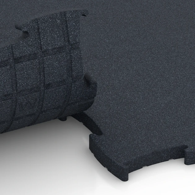 Le gros plan sur le système de connexion des revêtements de sol WARCO 6969 - Fitness Premium sol technique en couleur Anthracite. Les dimensions 99 x 99 x 2,8 cm.