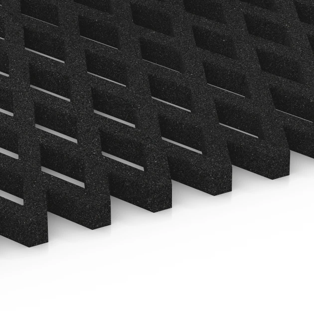 Großaufnahme vom Verbindungssystem von WARCO-Boden 7009 - Fallschutz-Rasengittermatte im Farbdesign Anthrazit. Abmessungen 100 x 100 x 4 cm.