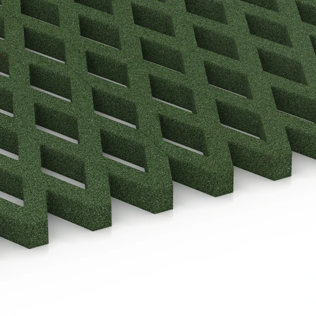 Großaufnahme vom Verbindungssystem von WARCO-Boden 7011 - Fallschutz-Rasengittermatte im Farbdesign Grasgrün. Abmessungen 100 x 100 x 4 cm.