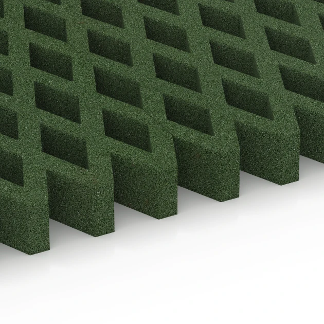 Großaufnahme vom Verbindungssystem von WARCO-Boden 7014 - Fallschutz-Rasengittermatte im Farbdesign Grasgrün. Abmessungen 100 × 100 × 8 cm.