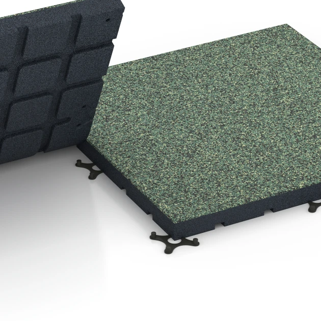 Großaufnahme vom Verbindungssystem von WARCO-Boden 7143 - Outdoor-Fitnessboden im Farbdesign Englischer Rasen. Abmessungen 60 x 60 x 4 cm | 0,36 m².