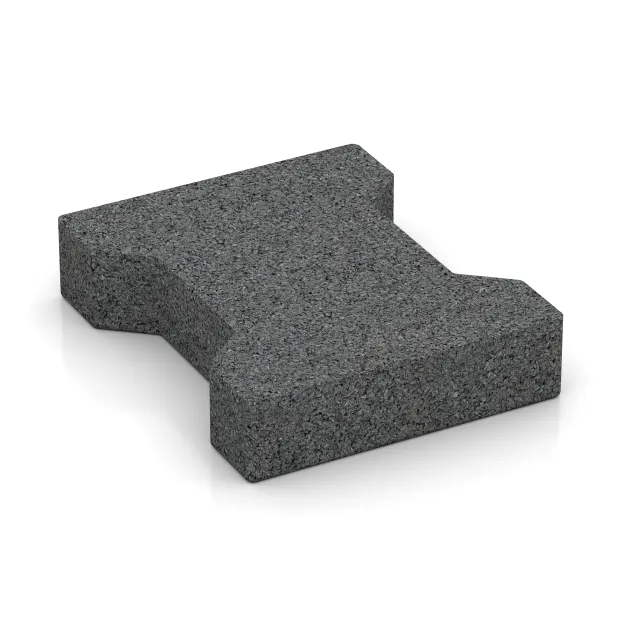 La vue du dessous ou de la face inférieure, c’est-à-dire la face inférieure de la pièce moulée WARCO 3618 - Pavé amortissant autobloquant en caoutchouc double T 4,3 cm - EN 1177 ≤ 80 cm au format 200 x 165 x 43 mm.