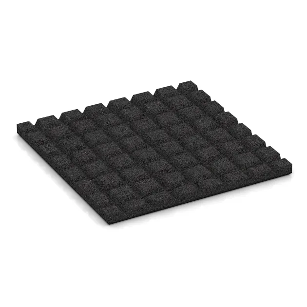 Aufsicht auf die Unterseite, also die Bodenseite von WARCO-Formteil 5469 - Fallschutzplatte 3 cm - EN 1177 ≤ 100 cm im Format 500 x 500 x 30 mm.