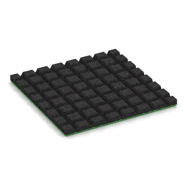 La vue du dessous ou de la face inférieure, c’est-à-dire la face inférieure de la pièce moulée WARCO 0545 - Dalle amortissante au format 500 x 500 x 30 mm.