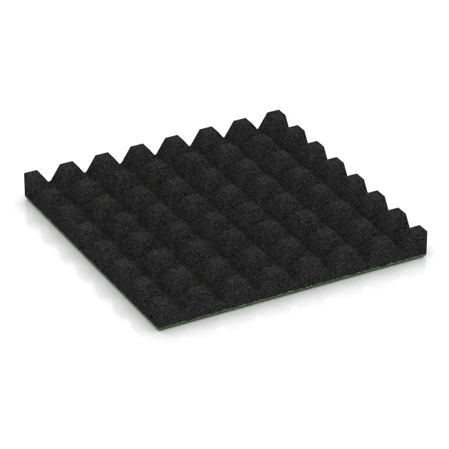 La vue du dessous ou de la face inférieure, c’est-à-dire la face inférieure de la pièce moulée WARCO 5570 - Dalle amortissante 5 cm - EN 1177 ≤ 145 cm au format 500 x 500 x 50 mm.