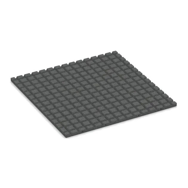 La vue du dessous ou de la face inférieure, c’est-à-dire la face inférieure de la pièce moulée WARCO 5658 - Dalle de sécurité 3 cm - EN 1177 ≤ 90 cm au format 1000 x 1000 x 30 mm.