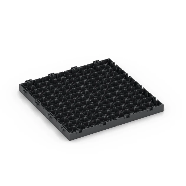 La vue du dessous ou de la face inférieure, c’est-à-dire la face inférieure de la pièce moulée WARCO 6346 - Motif à caissons – Dalle clipsable au format 30 x 30 x 2 cm.