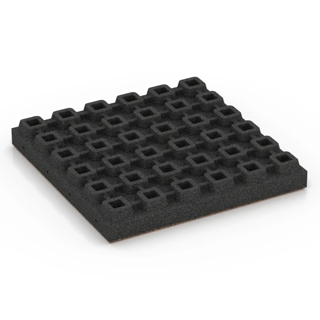 La vue du dessous ou de la face inférieure, c’est-à-dire la face inférieure de la pièce moulée WARCO 6443 - Dalle amortissante – 210 cm au format 50 x 50 x 7 cm.