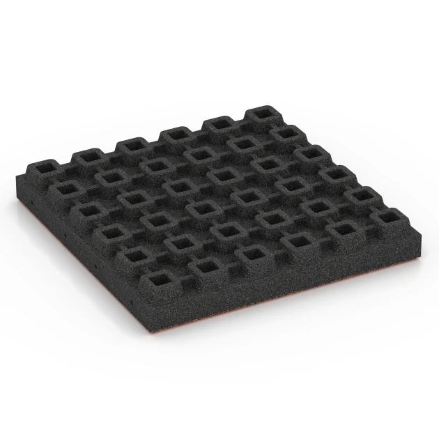 La vue du dessous ou de la face inférieure, c’est-à-dire la face inférieure de la pièce moulée WARCO 6444 - Dalle amortissante – 210 cm au format 50 x 50 x 7 cm.