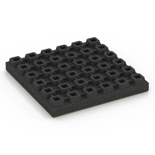 La vue du dessous ou de la face inférieure, c’est-à-dire la face inférieure de la pièce moulée WARCO 6448 - Dalle amortissante – 210 cm au format 50 x 50 x 7 cm.