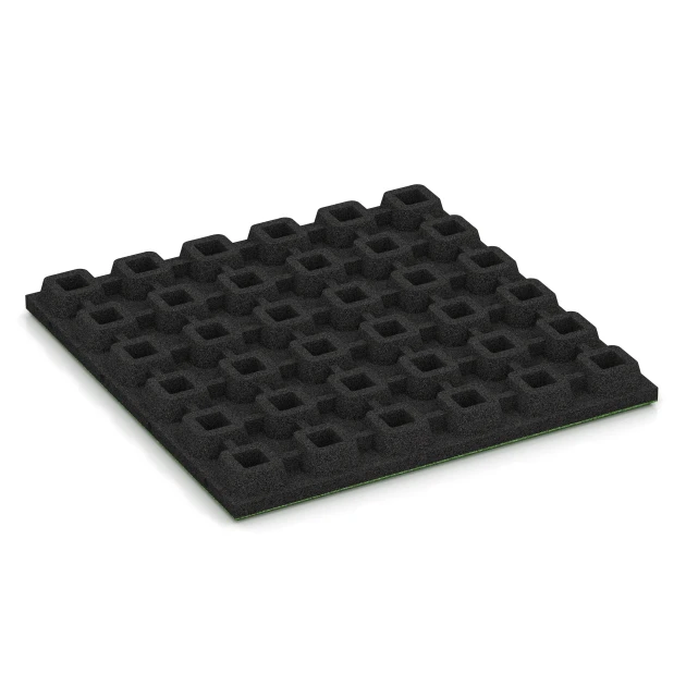 Aufsicht auf die Unterseite, also die Bodenseite von WARCO-Formteil 6137 - Fallschutzplatte – 170 cm im Format 50 x 50 x 4,8 cm.