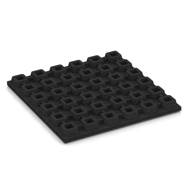 Aufsicht auf die Unterseite, also die Bodenseite von WARCO-Formteil 6138 - Fallschutzplatte – 170 cm im Format 50 x 50 x 4,8 cm.