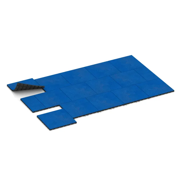 La situation d'installation typique du produit 0539 de WARCO - Dalle amortissante, en couleur Bleu Gentiane dans les dimensions 500 x 500 x 30 mm.