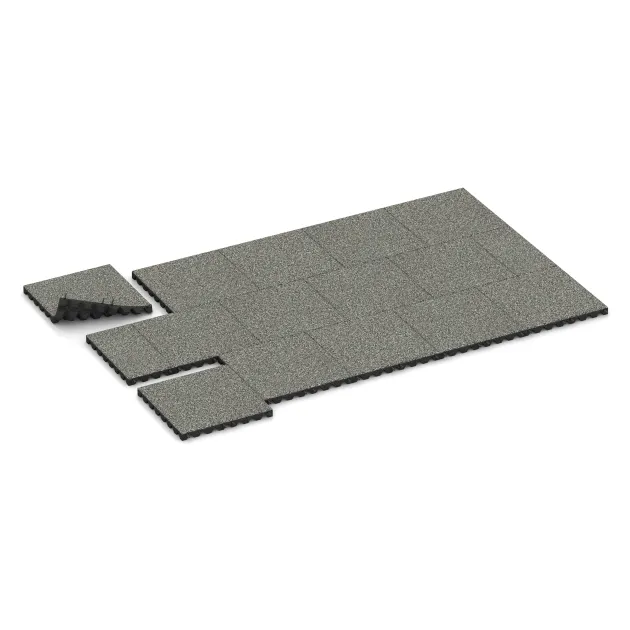 Typische Verlegung oder Einbausituation für den Artikel 5543 von WARCO - Fallschutzplatte 4,5 cm - EN 1177 ≤ 135 cm, Farbton Grauer Granit in der Abmessung 500 x 500 x 45 mm.