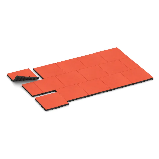 Typische Verlegung oder Einbausituation für den Artikel 0638 von WARCO - Fallschutzplatte, Farbton Hellrot-Orange in der Abmessung 500 x 500 x 45 mm.