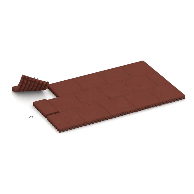 Typische Verlegung oder Einbausituation für den Artikel 0727 von WARCO - Fallschutzplatte, Farbton Ziegelrot in der Abmessung 500 x 500 x 80 mm.