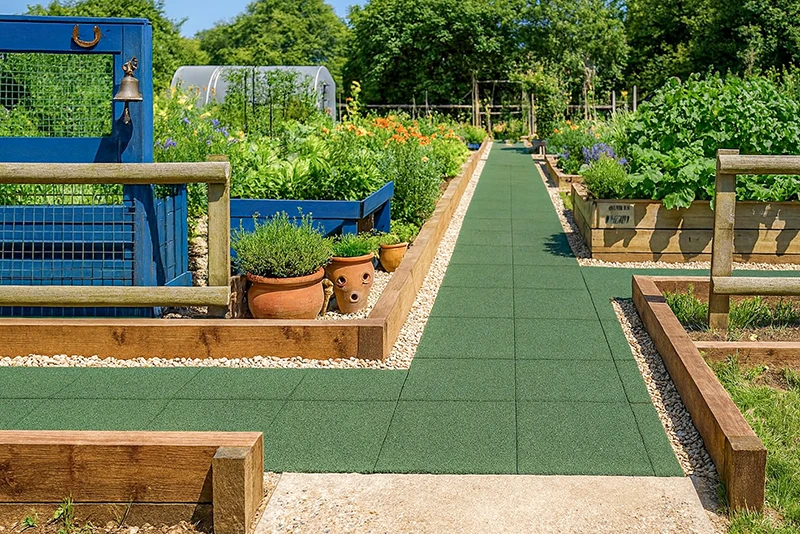 Une allée droite de jardin en dalles vertes de caoutchouc traverse un potager et un jardin d’ornement avec carrés potagers en bois. Les dalles élastiques en granulés de caoutchouc offrent une surface antidérapante, résistante aux intempéries et facile à entretenir. La bordure latérale en gravier assure des limites nettes et un aspect soigné. Idéal pour jardins familiaux, potagers et allées sûres.