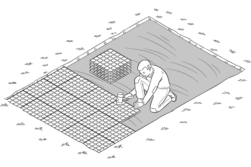 Le croquis montrant comment installer les grilles de stabilisation de sol (les grilles alvéolaires) en plastique WARCO et les remplir de gravillons.